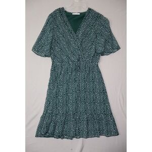 Green Leopard Print Faux Wrap Kirundo Mini Dress Flutter Sleeve Elastic Waist M